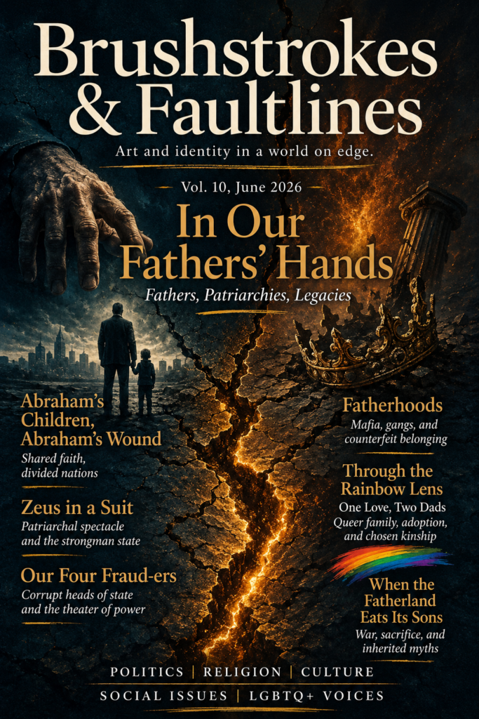 Magazine cover for Brushstrokes & Faultlines, Vol. 10, June 2026, titled “In Our Fathers’ Hands.” The cover shows a dark, cracked landscape split by a glowing gold faultline, with a looming hand, a father and child silhouette, a broken crown, and classical ruins symbolizing patriarchy, legacy, power, and collapse. Featured articles include “Abraham’s Children, Abraham’s Wound,” “Zeus in a Suit,” “Our Four Fraud-ers,” “Fatherhoods,” “Through the Rainbow Lens: One Love, Two Dads,” and “When the Fatherland Eats Its Sons.”