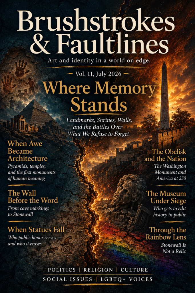 Magazine cover for Brushstrokes & Faultlines, Vol. 11, July 2026, titled “Where Memory Stands.” The cover shows a dramatic split landscape of cracked stone, fire, and historical landmarks: cave-wall handprints, pyramids and temple ruins, a long defensive wall, a tall obelisk resembling the Washington Monument, toppled statue fragments, and a subtle rainbow-painted wall evoking Stonewall. Feature headlines include “When Awe Became Architecture,” “The Wall Before the Word,” “When Statues Fall,” “The Obelisk and the Nation,” “The Museum Under Siege,” and “Through the Rainbow Lens: Stonewall Is Not a Relic.” The mood is dark, fiery, and monumental, emphasizing memory, power, public history, and contested landmarks.