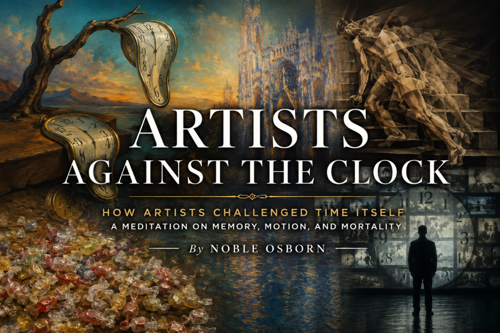 August 2026 Surreal magazine cover featuring melting clocks, a Gothic cathedral, a fragmented figure in motion, scattered wrapped candies, and a lone viewer before a wall of film stills. Overlaid text reads “Artists Against the Clock: How Artists Challenged Time Itself” and “By Noble Osborn.”