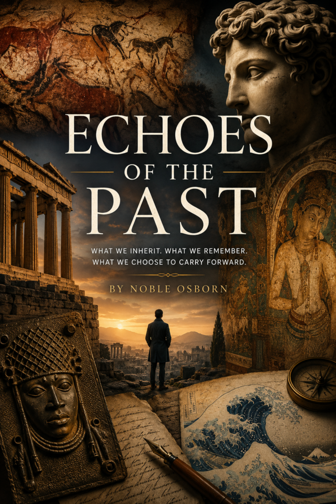 August 2026 Magazine-style cover art featuring cave paintings, ancient Greek ruins, a classical marble sculpture, an Ajanta-style mural, a Benin bronze, handwritten pages, and Hokusai’s Great Wave surrounding a solitary figure overlooking a ruined city at sunset. Text reads “Echoes of the Past: What We Inherit. What We Remember. What We Choose to Carry Forward. By Noble Osborn.”