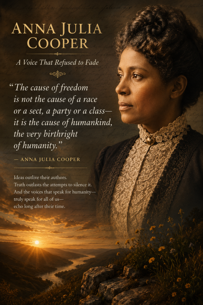 August 2026 Sepia-toned portrait of Anna Julia Cooper beside her quotation on freedom and humanity, set against handwritten pages and a golden mountain sunset.
