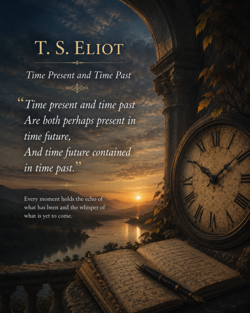 August 2026 T. S. Eliot’s words on past, present, and future overlay a twilight river landscape framed by a stone arch, antique clock, and open handwritten book.