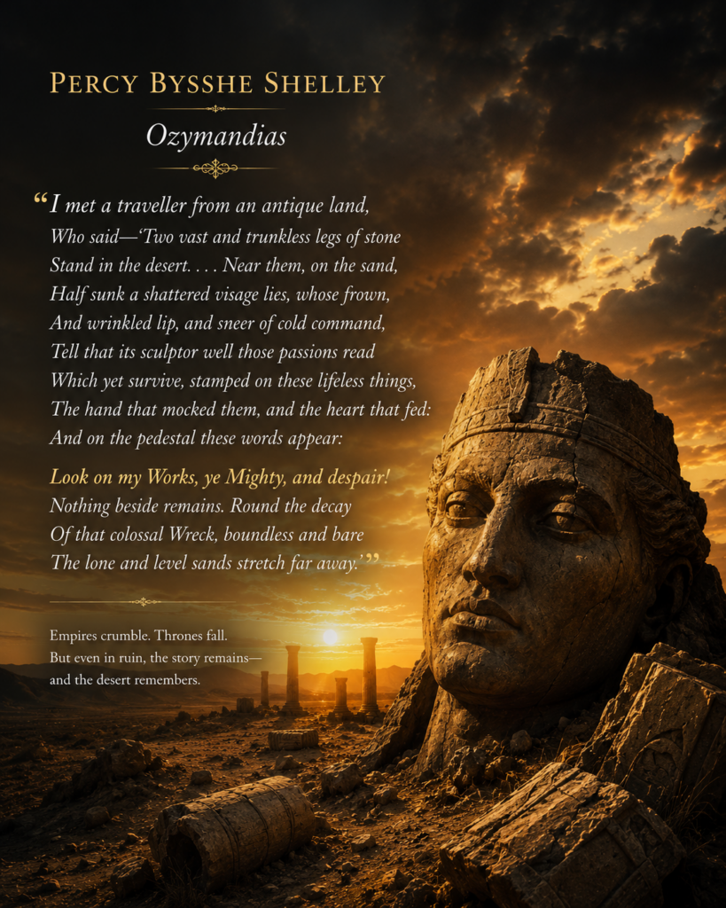 August 2026 Percy Bysshe Shelley’s “Ozymandias” overlays a dramatic desert sunset beside a shattered stone ruler’s head, fallen ruins, and distant columns.
