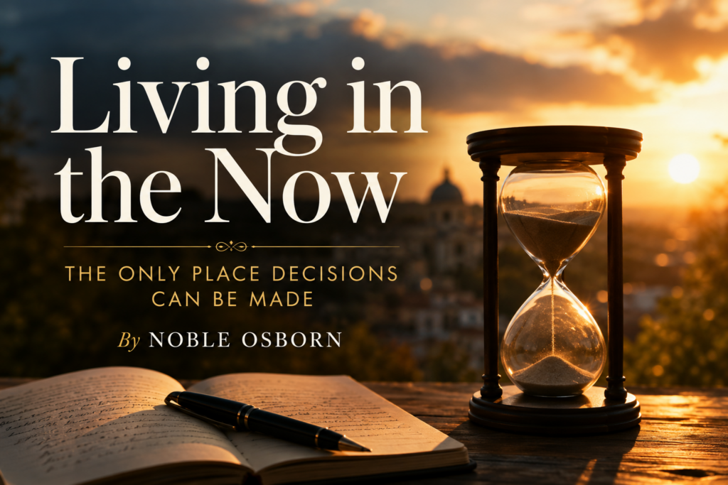 August 2026 Sunset over a historic city, viewed behind an open journal, fountain pen, and glowing hourglass. Text reads: “Living in the Now: The Only Place Decisions Can Be Made — By Noble Osborn.”