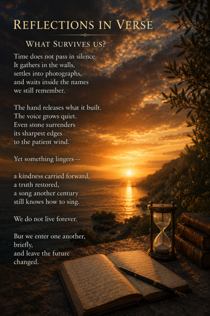 August 2026 The poem “What Survives Us?” appears over a golden sunset above the water, beside an hourglass, stacked books, and an open handwritten journal with a fountain pen.