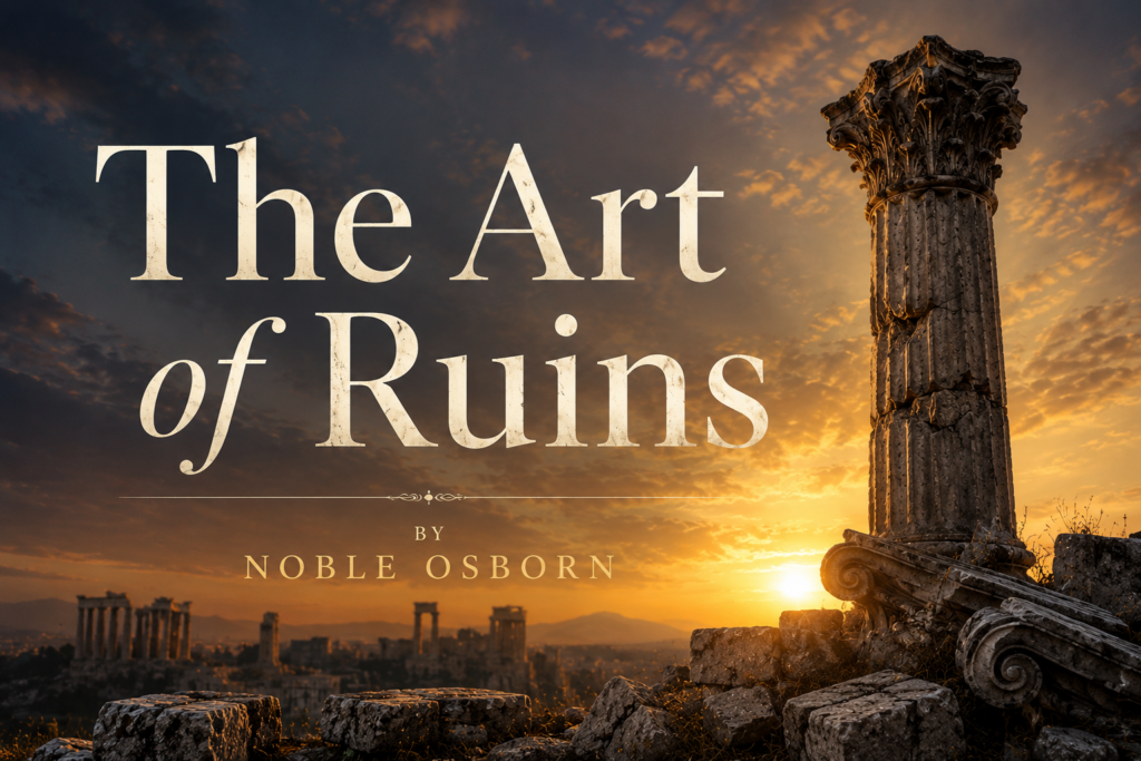 August 2026 Article cover for “The Art of Ruins: Beauty After Collapse” by Noble Osborn, featuring a weathered classical column and fallen stone fragments overlooking ancient ruins beneath a dramatic golden sunset.