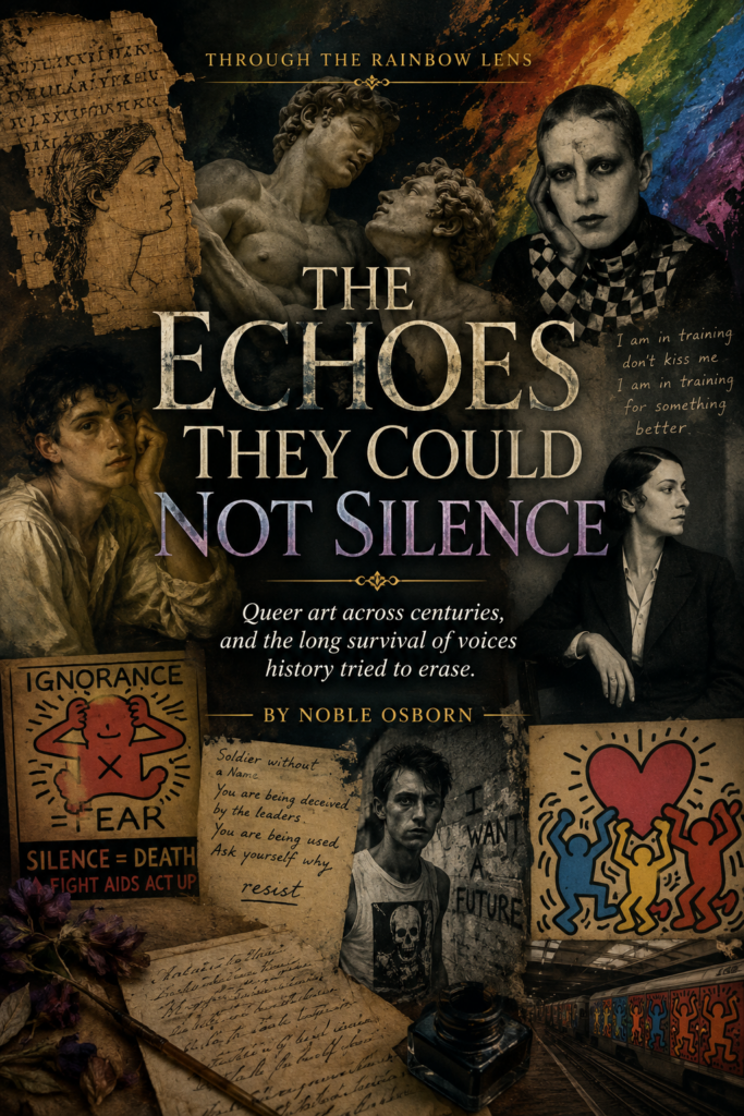 August 2026 Collage-style cover for “The Echoes They Could Not Silence” featuring classical sculpture, historical queer artists, manuscript fragments, rainbow paint, anti-AIDS protest imagery, and resistance notes. The title and “By Noble Osborn” appear in large centered lettering.