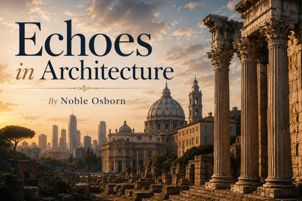 August 2026 Ancient stone ruins and Corinthian columns glow in golden sunset light, with a domed historic building and modern skyline in the distance. Overlaid text reads “Echoes in Architecture” and “By Noble Osborn.”