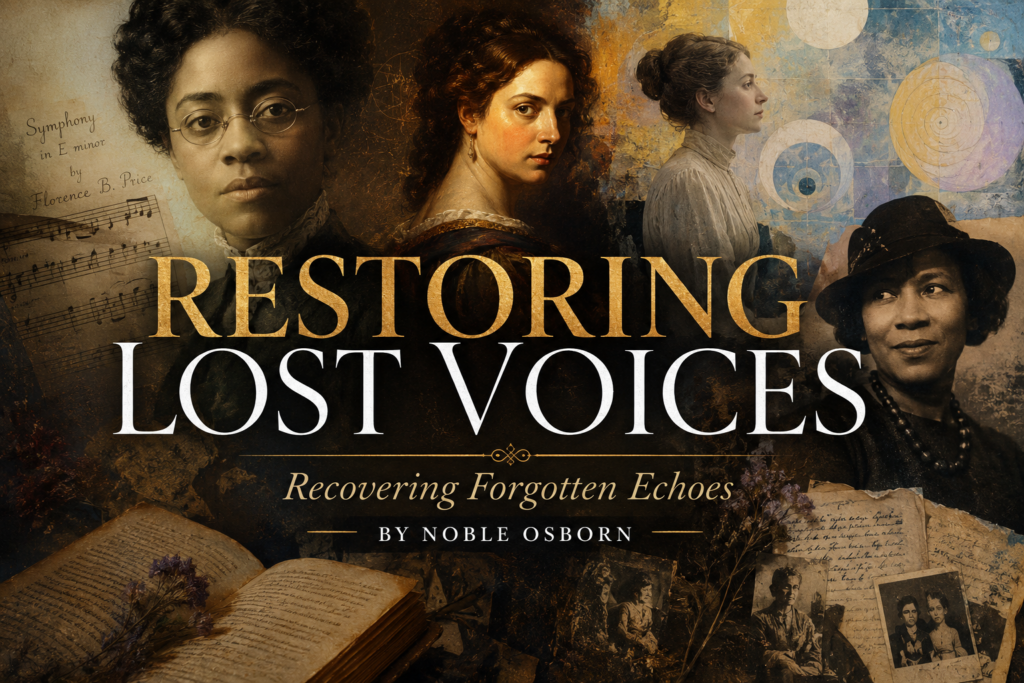 August 2026 Sepia-toned collage of Florence Price, Artemisia Gentileschi, Hilma af Klint, and Zora Neale Hurston surrounded by sheet music, manuscripts, books, and abstract art, with the title “Restoring Lost Voices,” subtitle “Recovering Forgotten Echoes,” and byline “By Noble Osborn.”