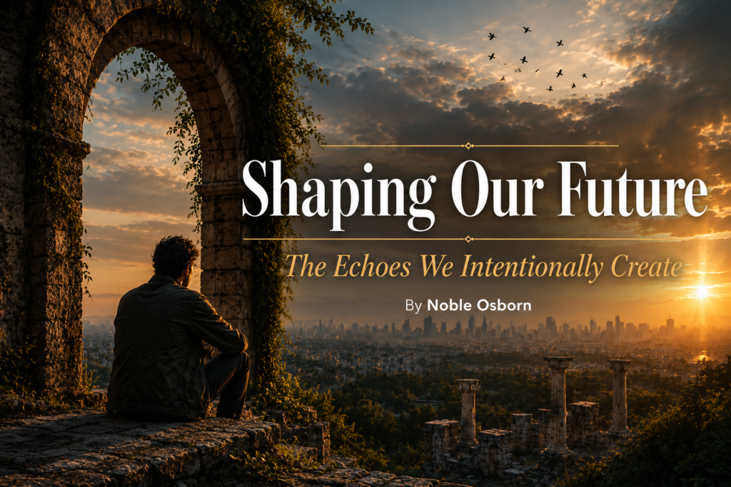 August 2026 A solitary figure sits beneath an ivy-covered stone arch at sunset, overlooking a modern city and ancient ruins. The image reads “Shaping Our Future: The Echoes We Intentionally Create” and “By Noble Osborn.”